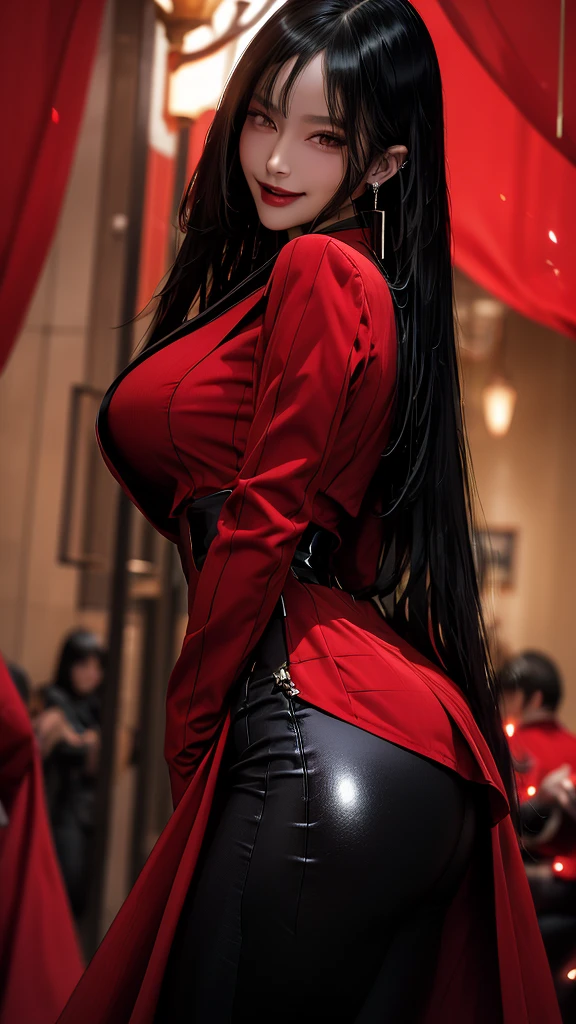 A stunning woman stands alone, her long black hair cascading down her back. She looks directly at the viewer with a confident smile, her large breasts accentuated by a skin-tight bodysuit. Her black gloves and shiny earrings add a touch of elegance to her yellow dress, while a red cape drapes over her shoulders. The shiny fabric of her outfit highlights her smooth, shiny skin, making her a true vision of beauty.