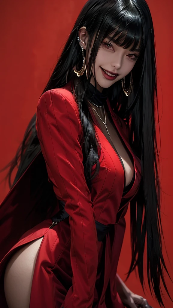 A stunning woman stands alone, her long black hair cascading down her back. She looks directly at the viewer with a confident smile, her large accentuated by a skin-tight bodysuit. Her black gloves and shiny earrings add a touch of elegance to her yellow dress, while a red cape drapes over her shoulders. The shiny fabric of her outfit highlights her smooth, shiny skin, making her a true vision of beauty.