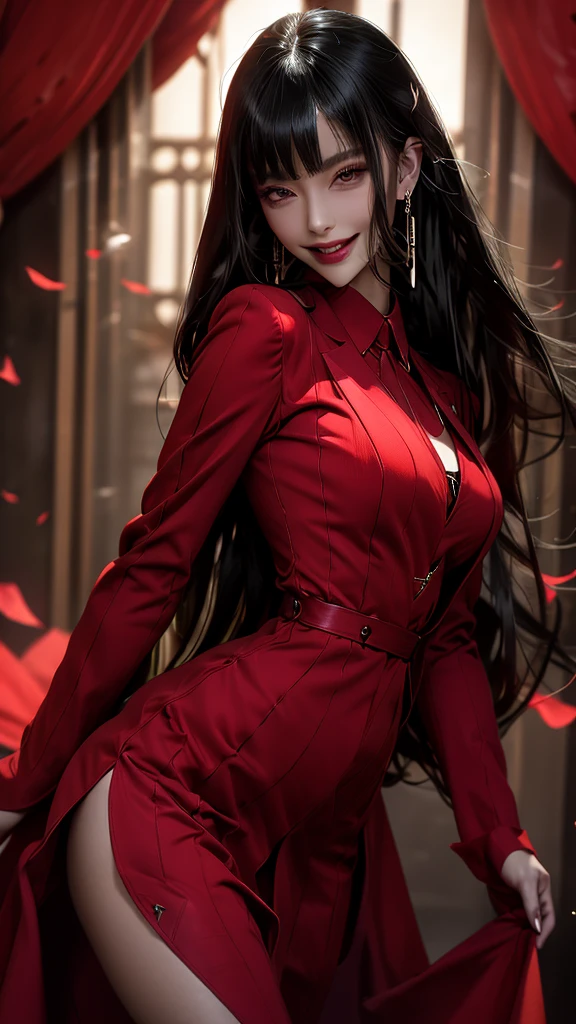 A stunning woman stands alone, her long black hair cascading down her back. She looks directly at the viewer with a confident smile, her large breasts accentuated by a skin-tight bodysuit. Her black gloves and shiny earrings add a touch of elegance to her yellow dress, while a red cape drapes over her shoulders. The shiny fabric of her outfit highlights her smooth, shiny skin, making her a true vision of beauty.