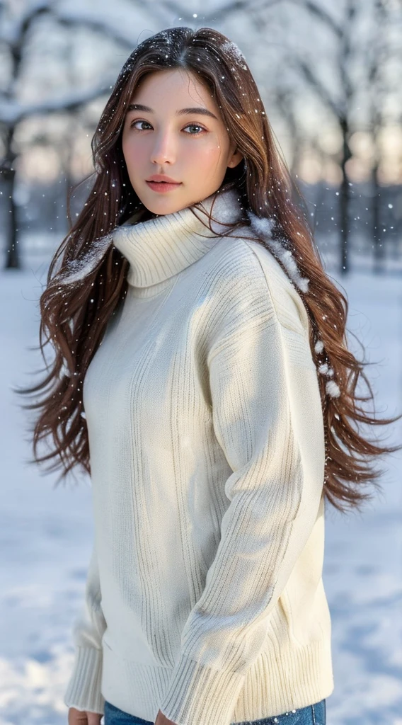 (masterpiece:1.35),(best-quality:1.4),8k,ultra-detailed,photography,(ultra-realistic:1.4), adult girl, long hair, sweater, snowing background,