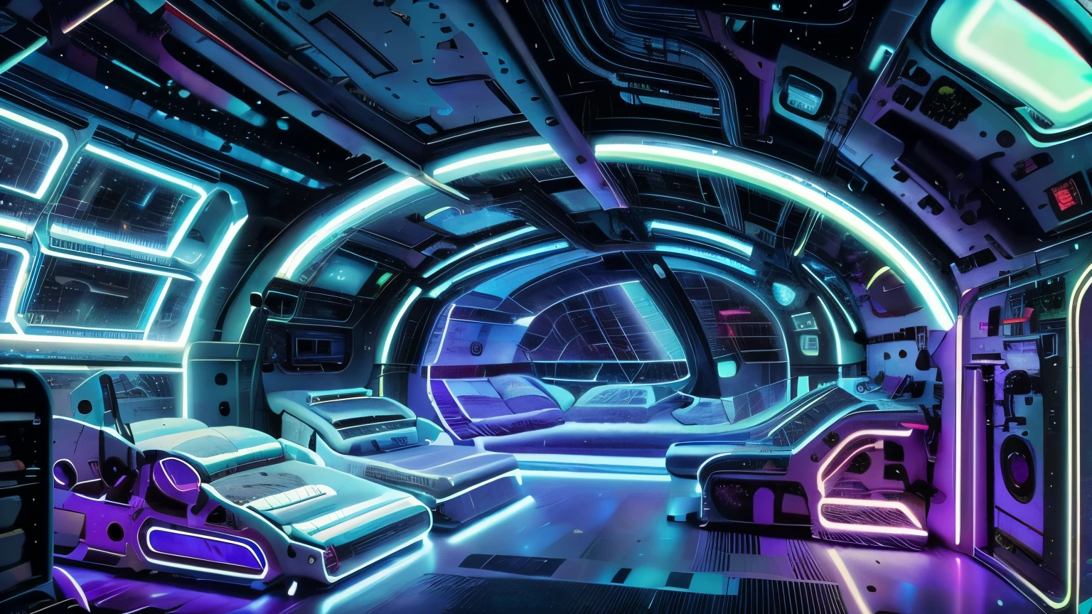 sleeping quarters of a space ship, a row of beds, very complex machines, holographic controls, dreamy lights, big round window, calm, low key lighting, neon lights along the walls and ceiling, cyberpunk, futuristic, highly detailed, ultra high quality image