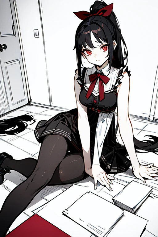 using pantimedies, wavy black hair, piercing look with deep red eyes, average stature, Silky hair with a ponytail hairstyle collected with a red bow with two white lines, with clothes, has a vagina, has breasts, cup of breasts, small breasts, slim, foreground, Session, sitting in her room, sitting on the floor of her room, wearing pantyhose, using pantimedies, Picardias, short skirt, shoes, blouse with straps