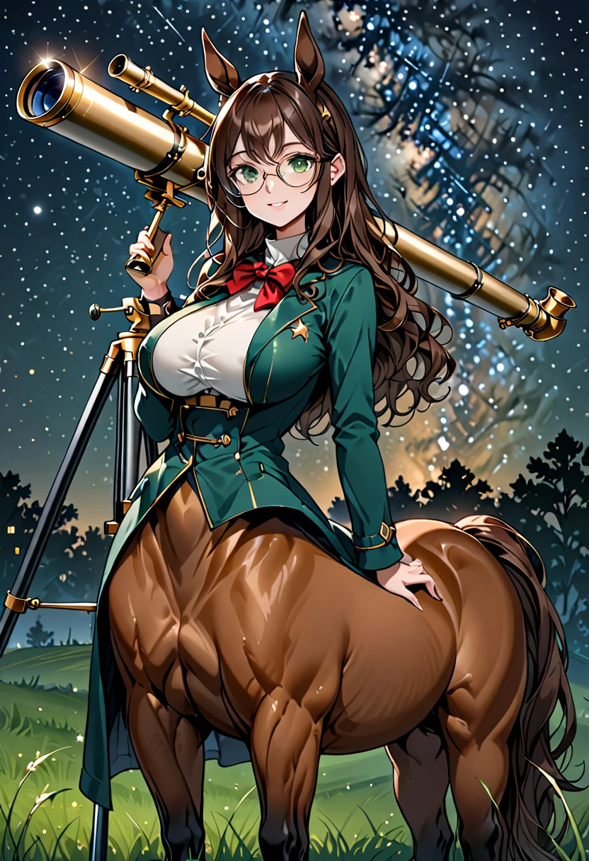 solo, female, sfw, medium shot, long wavy hair, brown hair, dark green eyes, centaur girl, huge woman, ((centaur)), brown horse ears, huge breasts, scholar, modest clothes, night sky, brown horse body, horse lower body, horse body from the hip down, calm smile, ((huge brass telescope on tripod)), starry sky, grassy field, night, coat, glasses, from the hip up, horse legs, sitting