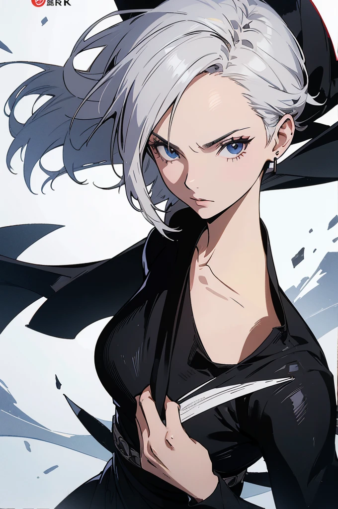 character design sheet, young woman in ninja outfit, black costume with ninja weapons, woman with short white hair, on parchment, HD, ((8k, 4K) Great quality, detailed character