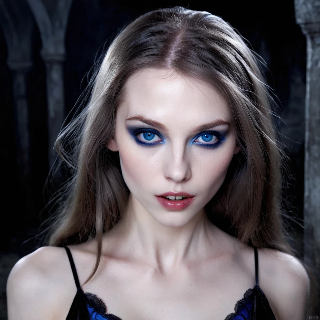 ((masterpiece)), ultra-realistic, portrait of a beautiful pale-skinned vampire with (black enamel), a deep dark makeup, bright blue eyes, in a dark and gloomy environment. (Prompt is in Portuguese)