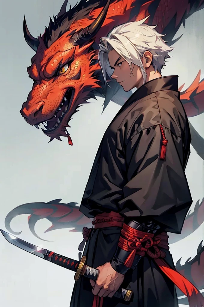 Samurai with katana. dragon in the background. katana is bigger