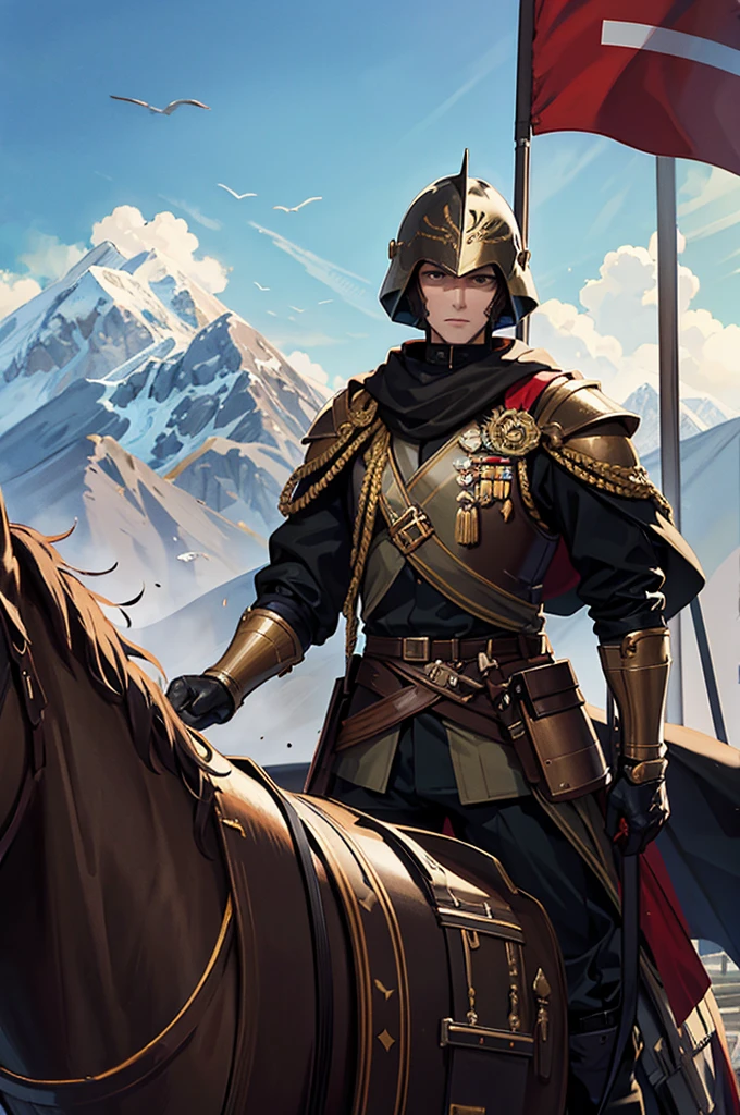 Army march, flags in the background, soldiers in heavy armor, cuirassier helmets, overall plan, In detail, high quality, a lot of soldiers, mountains in the background, cloak, soldiers&#39; spears