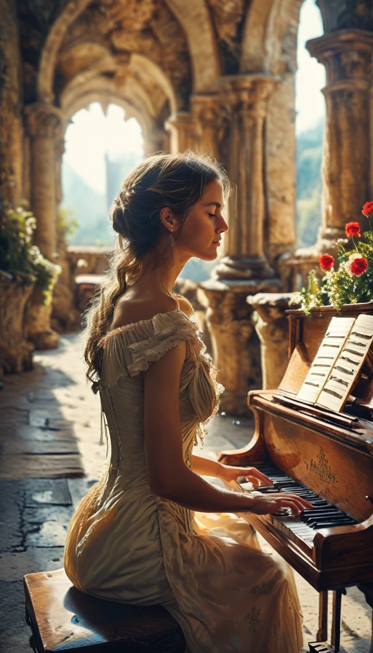 a woman playing piano in the castle