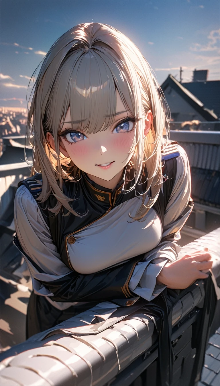 One person, woman, Ultra-high resolution, 超detailed, Highest quality, 8k,((Highest quality)), ((masterpiece)), (detailed),Face direction(front),Hair Color(Light light blue,Fine hair quality), Hairstyle(Well-organized), background(Rooftop,),eye(きれいなeye元), clothing(uniform),expression(Exquisite features depicting a perfect face),Body Type(model,Glamorous),Perfect hands,完璧なwoman像, Dramatic Shadows, Japanese, Cute pose, Anime characters, ,
