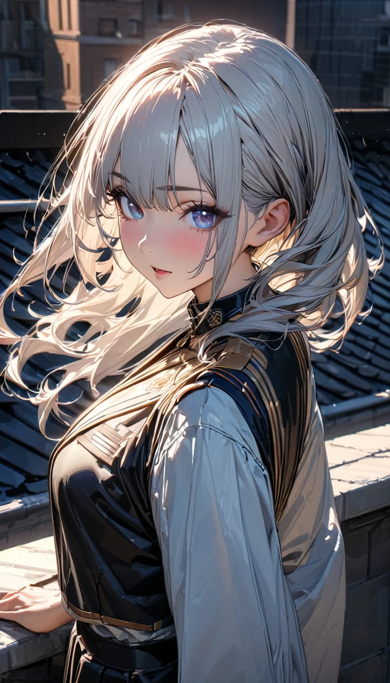 One person, woman, Ultra-high resolution, 超detailed, Highest quality, 8k,((Highest quality)), ((masterpiece)), (detailed),Face direction(front),Hair Color(Light light blue,Fine hair quality), Hairstyle(Well-organized), background(Rooftop,),eye(きれいなeye元), clothing(uniform),expression(Exquisite features depicting a perfect face),Body Type(model,Glamorous),Perfect hands,完璧なwoman像, Dramatic Shadows, Japanese, Cute pose, Anime characters, ,