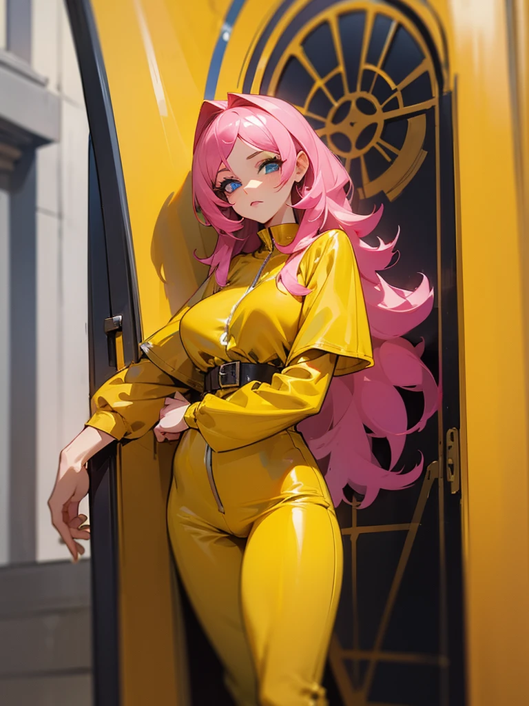 Fake , Mature woman, foto de busto, big pink hair, shining blue eyes, wearing a mustard yellow jumpsuit, breasts big, looking 35 years old, eye on the spectator, Look to the camera, , the background is dark metal gate, revegeance expression, foco no rosto, de frente, mostrar punho direto quebrando espelho