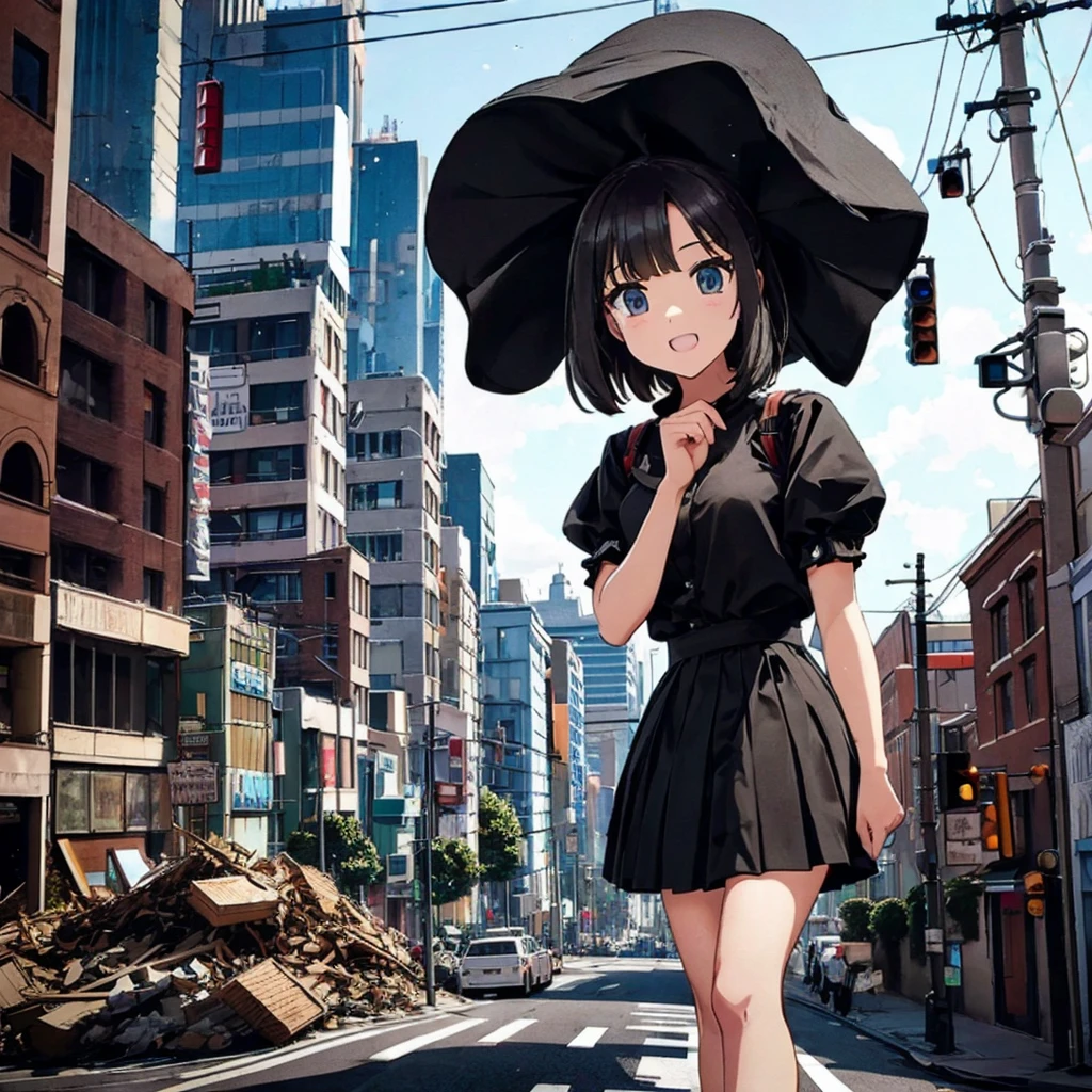giant girl　Female Giant　Miniature cities　Model City　Burning and destroyed city　ruins　Rubble pile　Giant girl standing on the road　Black Hair　skirt　sneakers　beautiful girl　Metropolis　