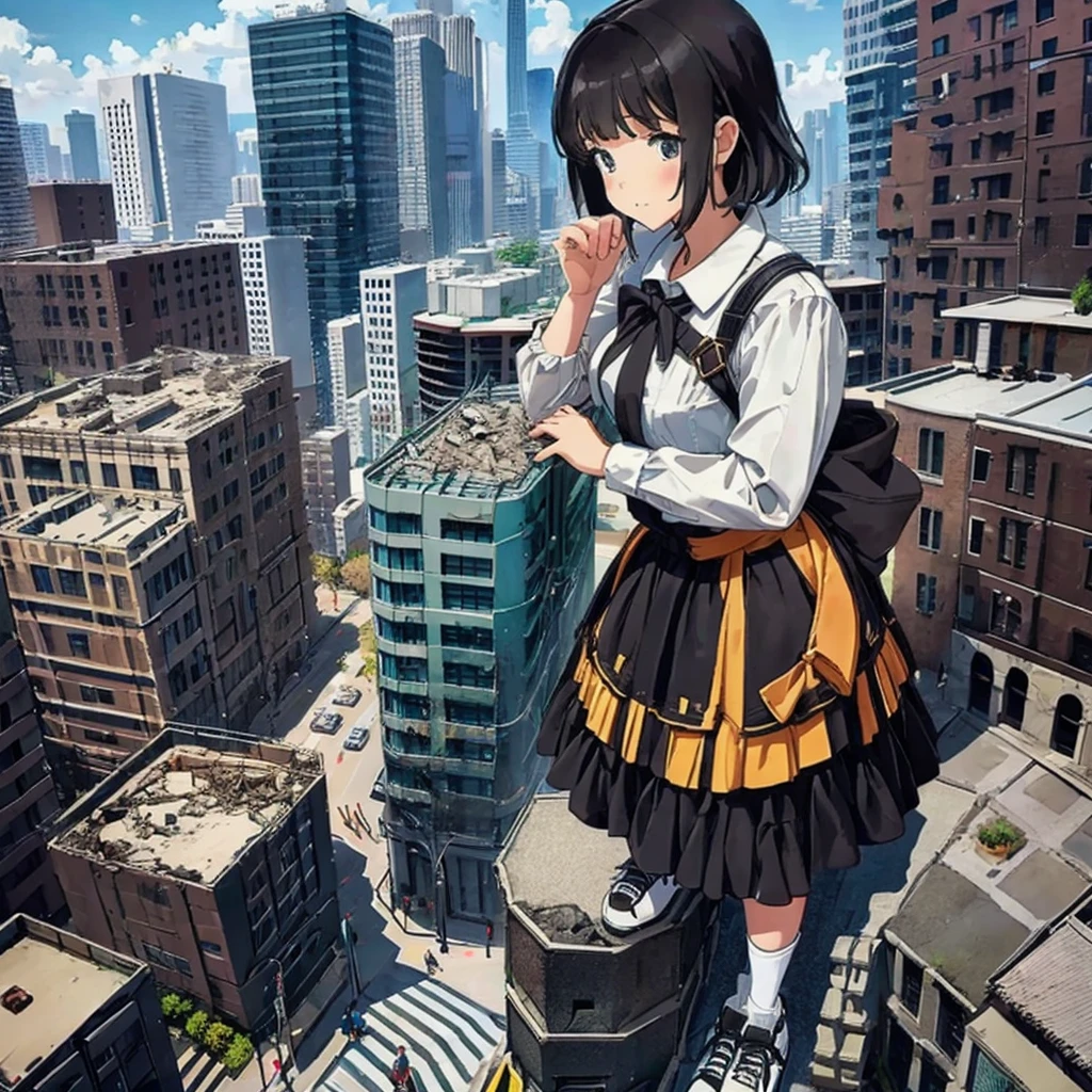 giant girl　Female Giant　Miniature cities　Model City　Burning and destroyed city　ruins　Rubble pile　Giant girl standing on the road　Black Hair　skirt　sneakers　beautiful girl　Metropolis　