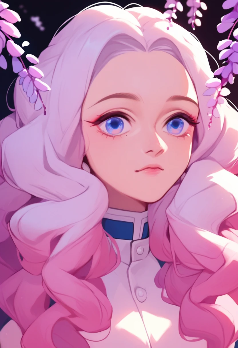 Kimetsu no Yaiba, girl, pretty, white-haired, pink wavy hair tips, blue eyes, pink shades in Hanfu, wisteria.