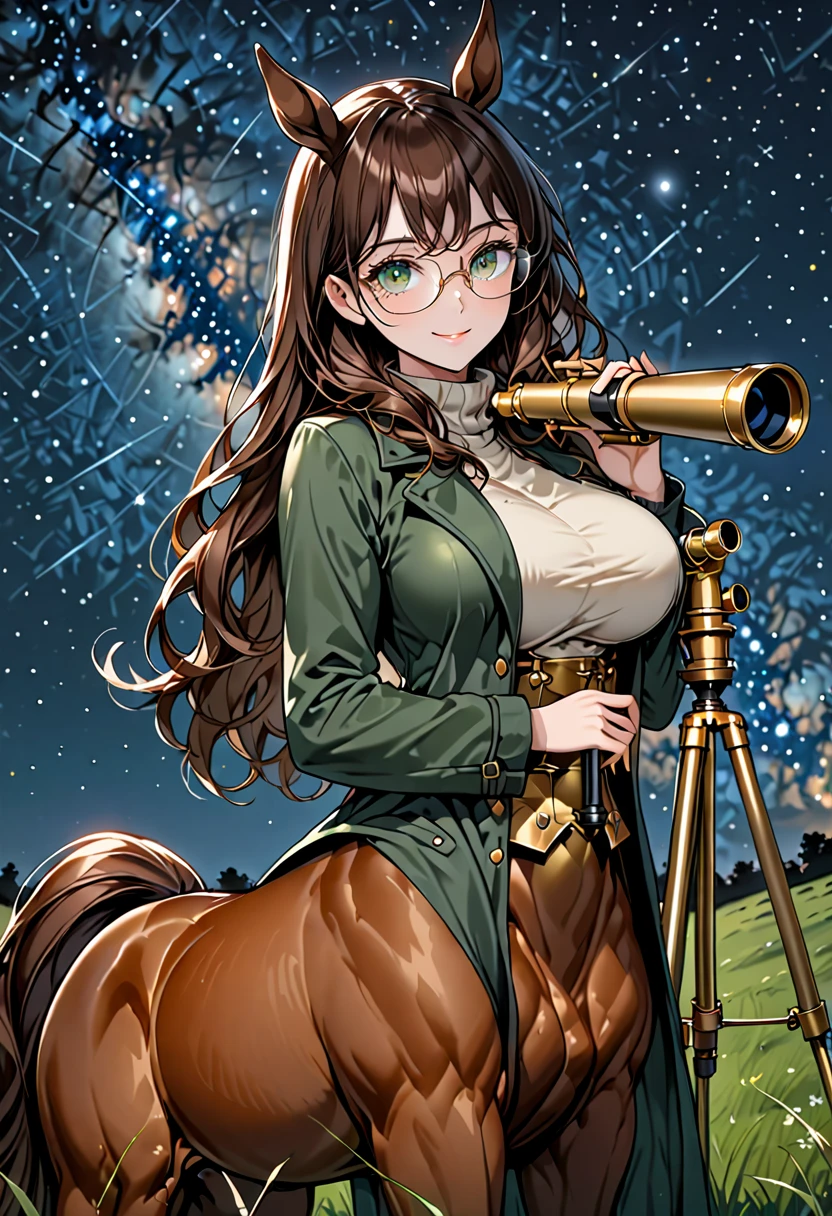 solo, female, sfw, close up, long wavy hair, brown hair, dark green eyes, centaur girl, huge woman, brown horse ears, huge breasts, scholar, modest clothes, night sky, brown horse body, horse lower body, horse body from the hip down, calm smile, ((huge brass telescope on tripod)), starry sky, grassy field, night, coat, glasses, from the hip up, horse legs, sitting