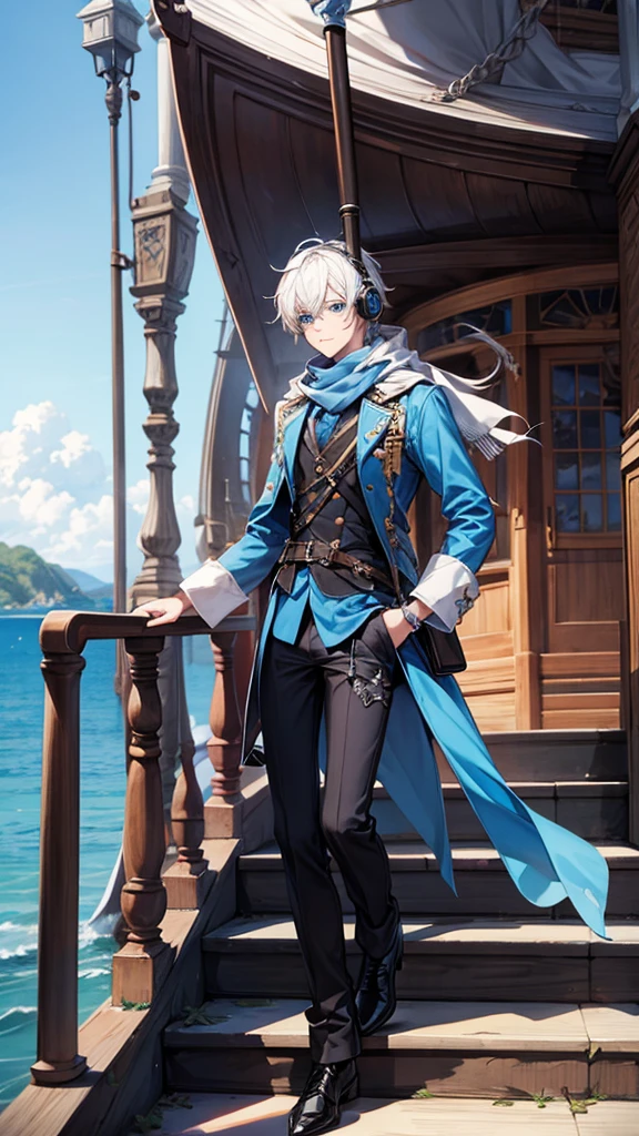 1male, white hair, pirate, sea, ships, blue eyes, scarf, blue outfit, black shoes, headphone, stairs