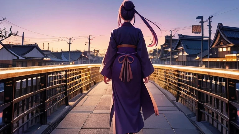 high resolution、anime、One Woman、Samurai costume、Long Hair、ponytail、Her hair is deep green、Facing forward、Kyoto street corner、Standing on Gojo Bridge in Kyoto、Full body portrait、At dusk、The backlight is too bright、No one else、Purple Sky、