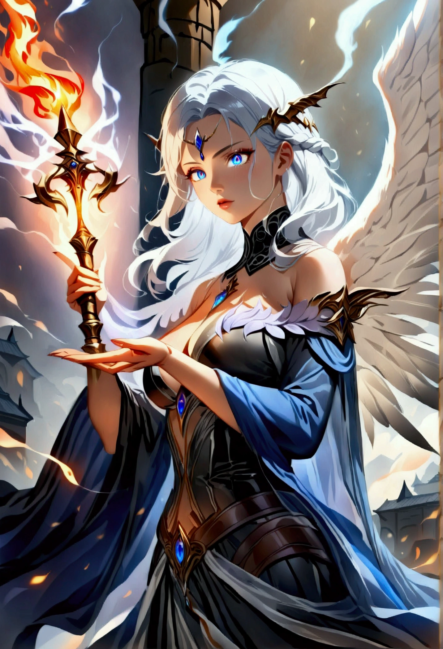 arafed high details, best quality, 16k, (ultra detailed: 1.5), masterpiece, best quality, (extremely detailed), dynamic angle, ultra wide shot, photorealistim, RAW, fantasy art, dnd art, fantasy art, realistic art, a wide angle picture of a female aasimar sorceress casting a fire spell, full body (intense details, Masterpiece, best quality), D&D aasimar, exremley beautiful female aasimar, silver hair, long hair, wavy hair, dynamic eyes color, angelic eyes, radiant magical eyes, ultra detailed face (intense details, Masterpiece, best quality), spread angelic wings, white angelic wings (intense details, Masterpiece, best quality), wearing [black] robe, wearing blue cloak, long cloak, flowing cloak with fire motifs (intense details, Masterpiece, best quality), armed with magical staff (intense details, Masterpiece, best quality), manipulating fire magical energy (intense details, Masterpiece, best quality), controlling lightning, dark fantasy magical tower background, evil temple background (intense details, Masterpiece, best quality), rpg portrait, FireMagicAI, feathered wings