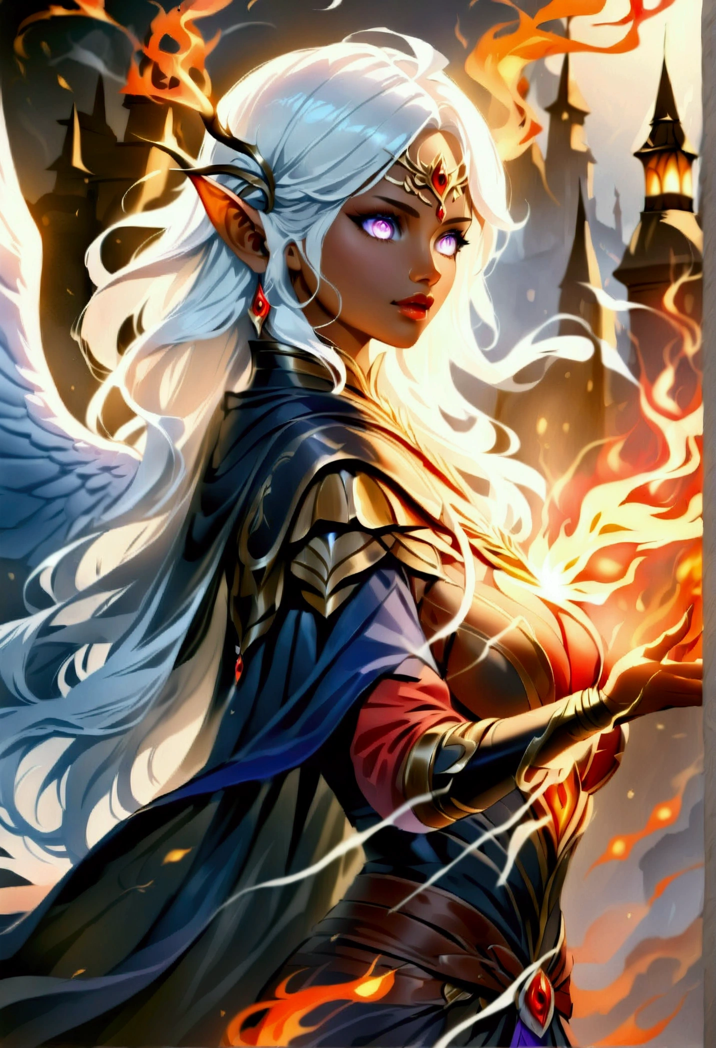 arafed high details, best quality, 16k, (ultra detailed: 1.5), masterpiece, best quality, (extremely detailed), dynamic angle, ultra wide shot, photorealistim, RAW, fantasy art, dnd art, fantasy art, realistic art, a wide angle picture of a female aasimar sorceress casting a fire spell, full body (intense details, Masterpiece, best quality), D&D aasimar, exremley beautiful female aasimar, silver hair, long hair, wavy hair, dynamic eyes color, angelic eyes, radiant magical eyes, ultra detailed face (intense details, Masterpiece, best quality), spread angelic wings, white angelic wings (intense details, Masterpiece, best quality), wearing [black] robe, wearing blue cloak, long cloak, flowing cloak with fire motifs (intense details, Masterpiece, best quality), armed with magical staff (intense details, Masterpiece, best quality), manipulating fire magical energy (intense details, Masterpiece, best quality), controlling lightning, dark fantasy magical tower background, evil temple background (intense details, Masterpiece, best quality), rpg portrait, FireMagicAI, feathered wings