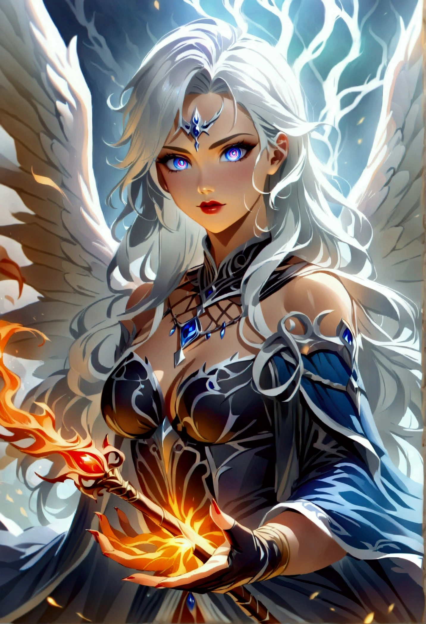 arafed high details, best quality, 16k, (ultra detailed: 1.5), masterpiece, best quality, (extremely detailed), dynamic angle, ultra wide shot, photorealistim, RAW, fantasy art, dnd art, fantasy art, realistic art, a wide angle picture of a female aasimar sorceress casting a fire spell, full body (intense details, Masterpiece, best quality), D&D aasimar, exremley beautiful female aasimar, silver hair, long hair, wavy hair, dynamic eyes color, angelic eyes, radiant magical eyes, ultra detailed face (intense details, Masterpiece, best quality), spread angelic wings, white angelic wings (intense details, Masterpiece, best quality), wearing [black] robe, wearing blue cloak, long cloak, flowing cloak with fire motifs (intense details, Masterpiece, best quality), armed with magical staff (intense details, Masterpiece, best quality), manipulating fire magical energy (intense details, Masterpiece, best quality), controlling lightning, dark fantasy magical tower background, evil temple background (intense details, Masterpiece, best quality), rpg portrait, FireMagicAI, feathered wings