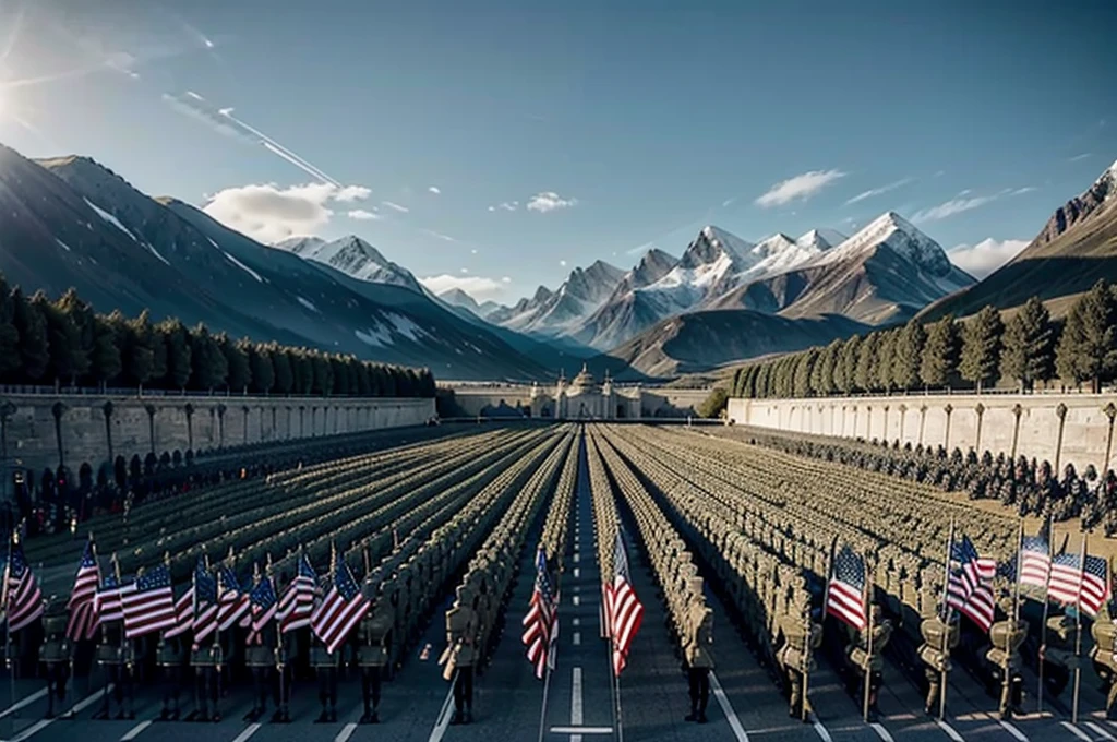 Army march, flags in the background, soldiers in heavy armor, cuirassier helmets, overall plan, In detail, high quality, a lot of soldiers, mountains in the background, cloak, soldiers&#39; spears
