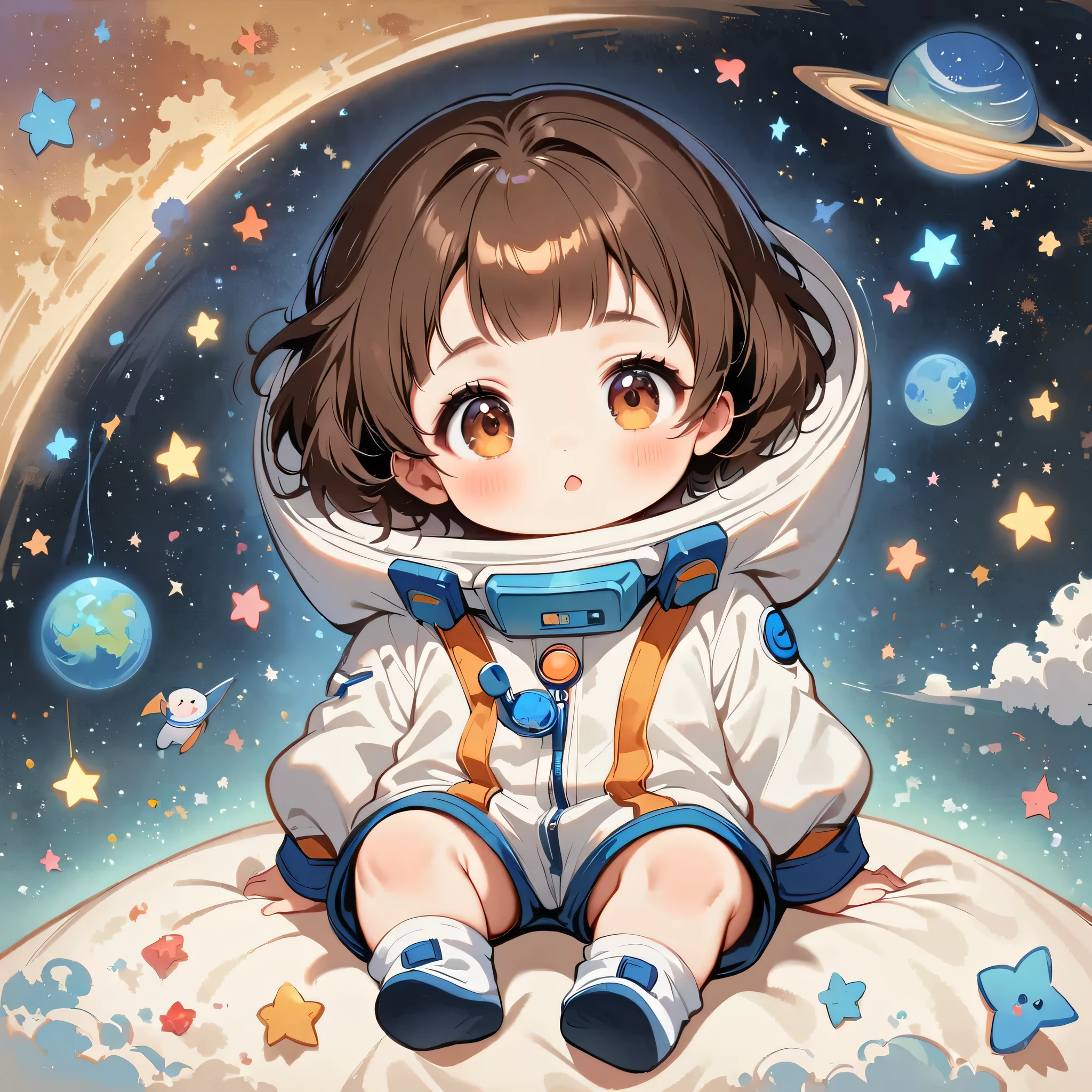 **** Girl sit in spacesuit floating in space,brown hair, surrounded by the Milky Way, the universe , cutely.  กินขนม เจอเอเลี่ยน