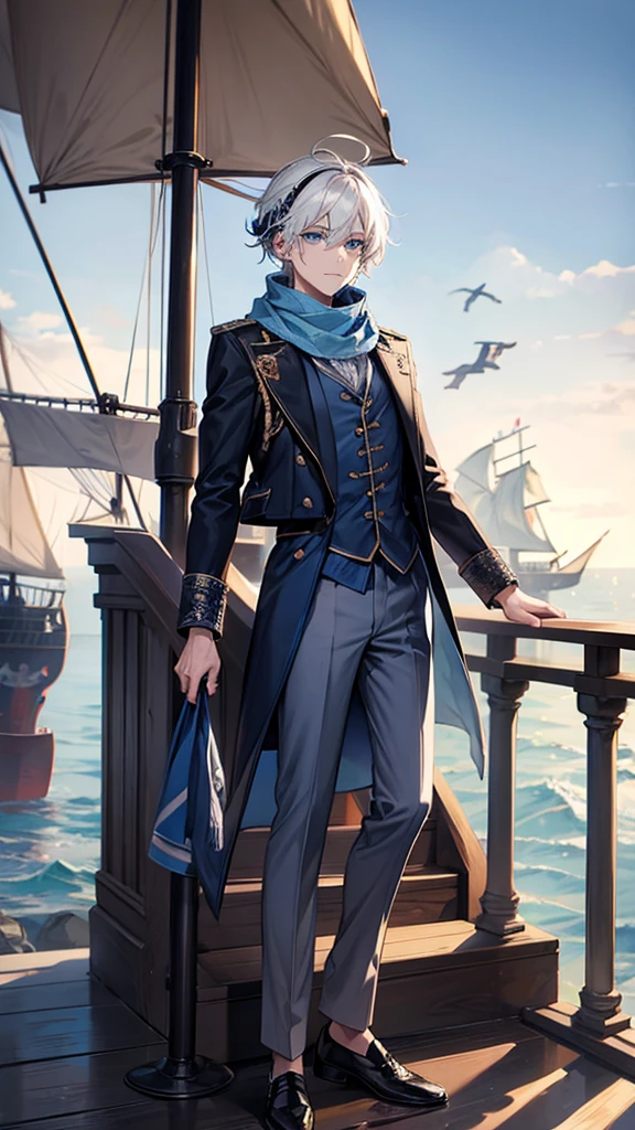 1male, white hair, pirate, sea, ships, blue eyes, scarf, blue outfit, black shoes, headphone, stairs