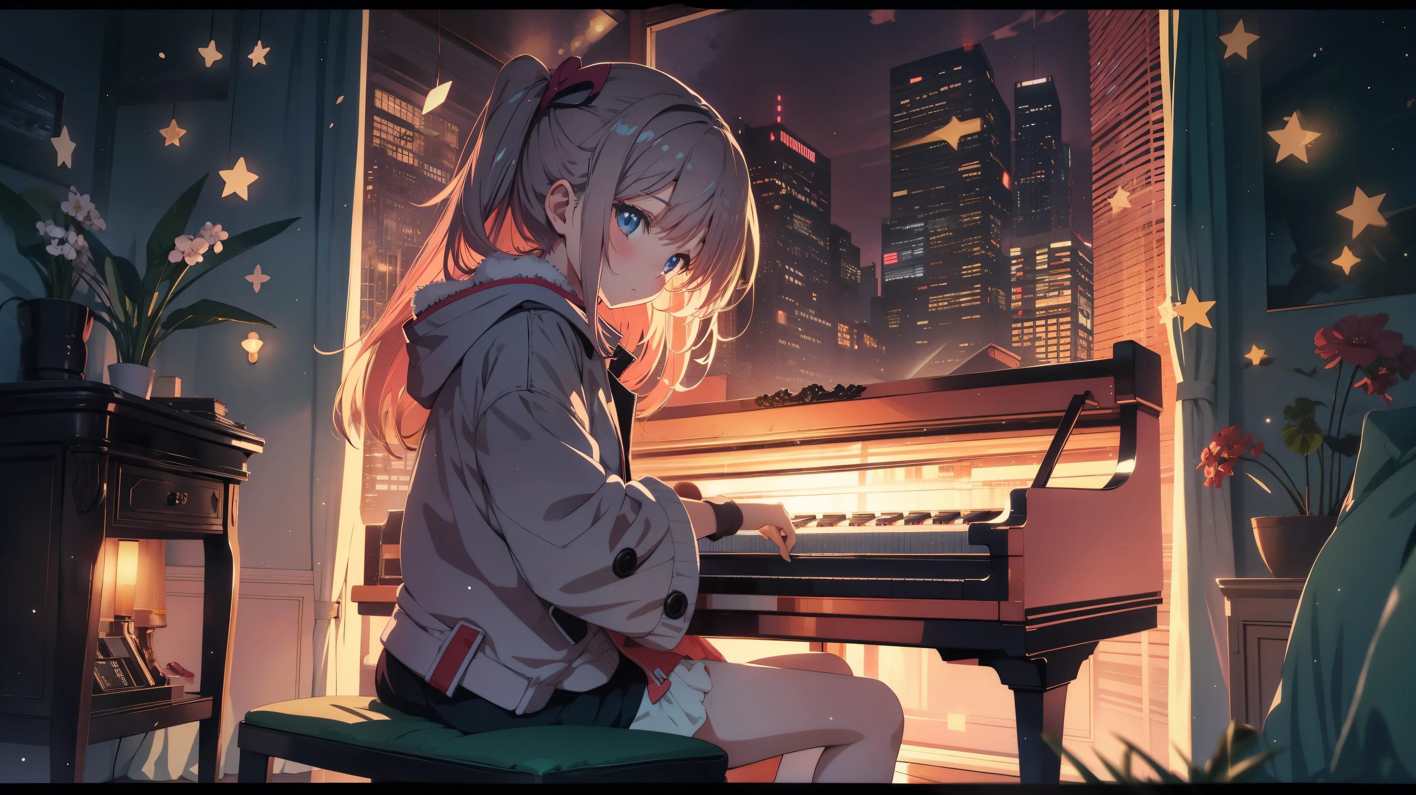 Anime style girl playing the piano, sitting in a chair, night time, in her room, night lighting, calm and relaxing atmosphere, wearing a coat.