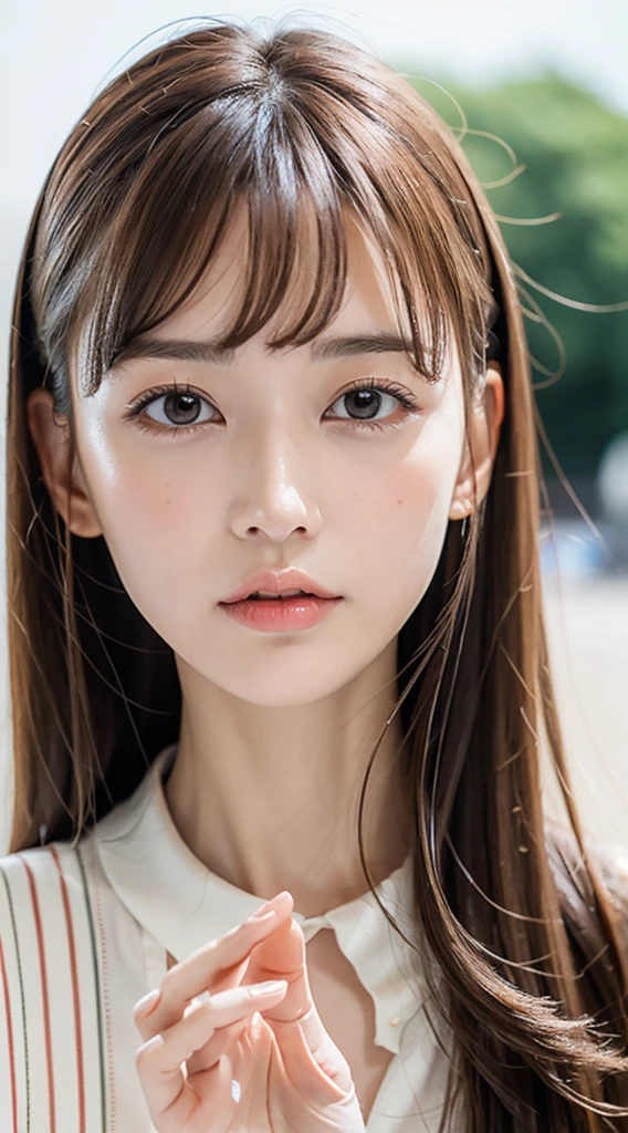 1womanl, up of face, mideum breasts, light brown hair, Blunt bangs, hair behind ear, hair over shoulder, Long hair, slender body shape, Ultra Fine Face, Thin face, Delicate lips, Beautiful eyes, thin blush, eyes are light brown, perfect glossy skin, flawless skin, Glistening sweat,View here, Ultra-thin hands, Ultra-fine fingers, best ratio four finger and one thumb, (realisitic:1.3), See-through white blouse. An amusement park, One-person viewpoint, Fuji Film, F/1.2, 8K, masutepiece, nffsw, Super Detail, High quality, Best Quality, hight resolution