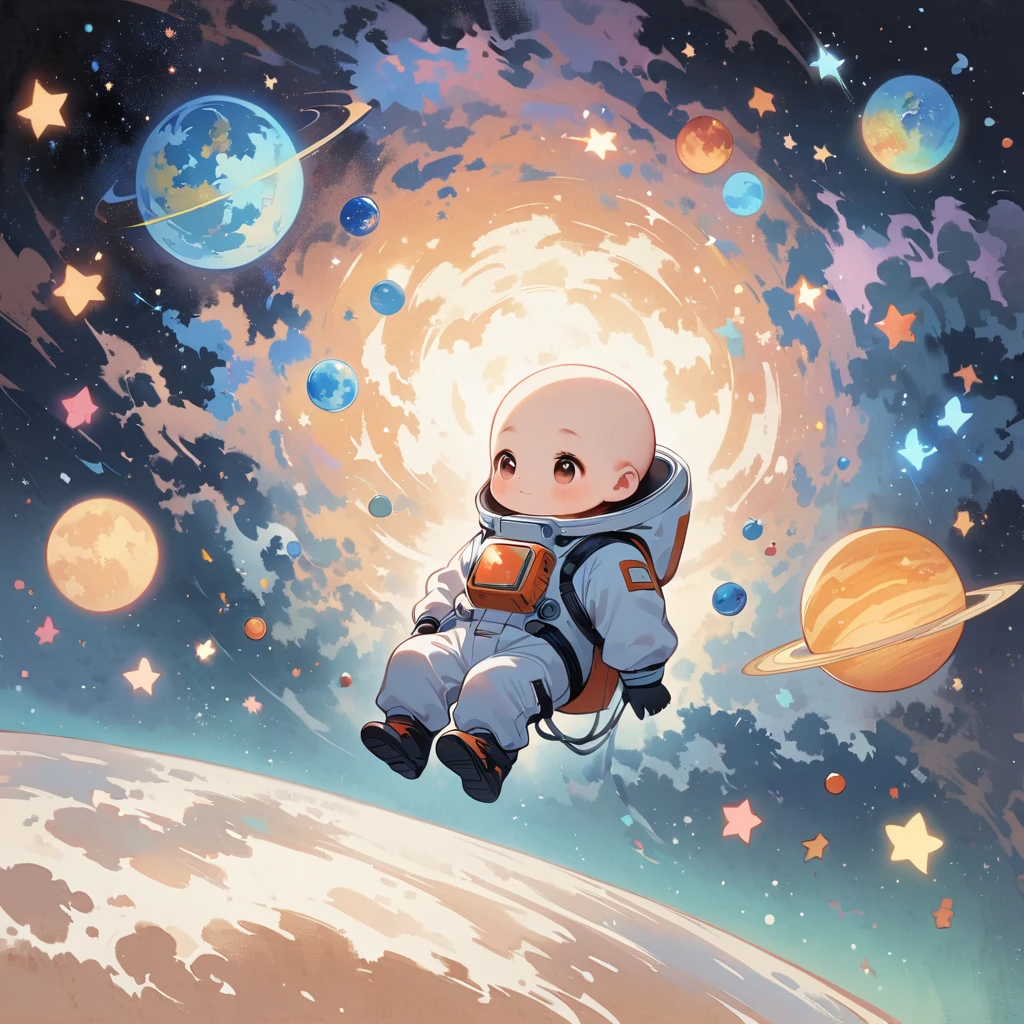 Boy sit in spacesuit floating in space,no hair, surrounded by the Milky Way, the universe , cutely. กินขนม เจอเอเลี่ยน