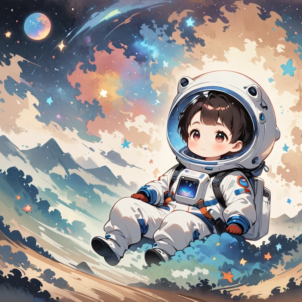 Boy sit in spacesuit floating in space,no hair, surrounded by the Milky Way, the universe , cutely.  กินขนม เจอเอเลี่ยน