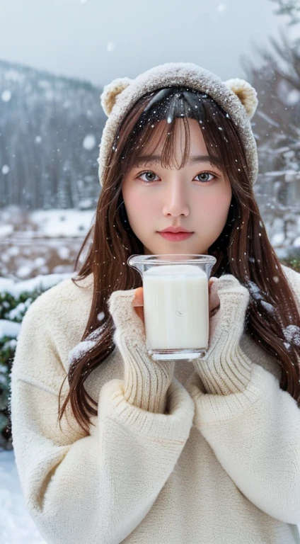 (masterpiece:1.35),(best-quality:1.4),8k,ultra-detailed,photography,(ultra-realistic:1.4), adult girl, long hair, sweater, snowing background, while holding BEAR BRAND milk
