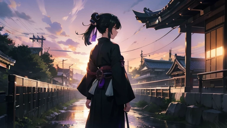 high resolution、anime、One Woman、Samurai costume、Long Hair、ponytail、Her hair is deep green、Facing forward、Kyoto street corner、Standing on Gojo Bridge in Kyoto、Full body portrait、At dusk、The backlight is too bright、No one else、Purple Sky、