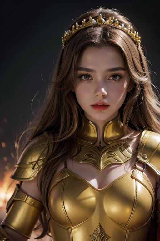 Light brown haired girl with a yellow tiara, wearing red lipstick, wearing war armor with a sword in hand