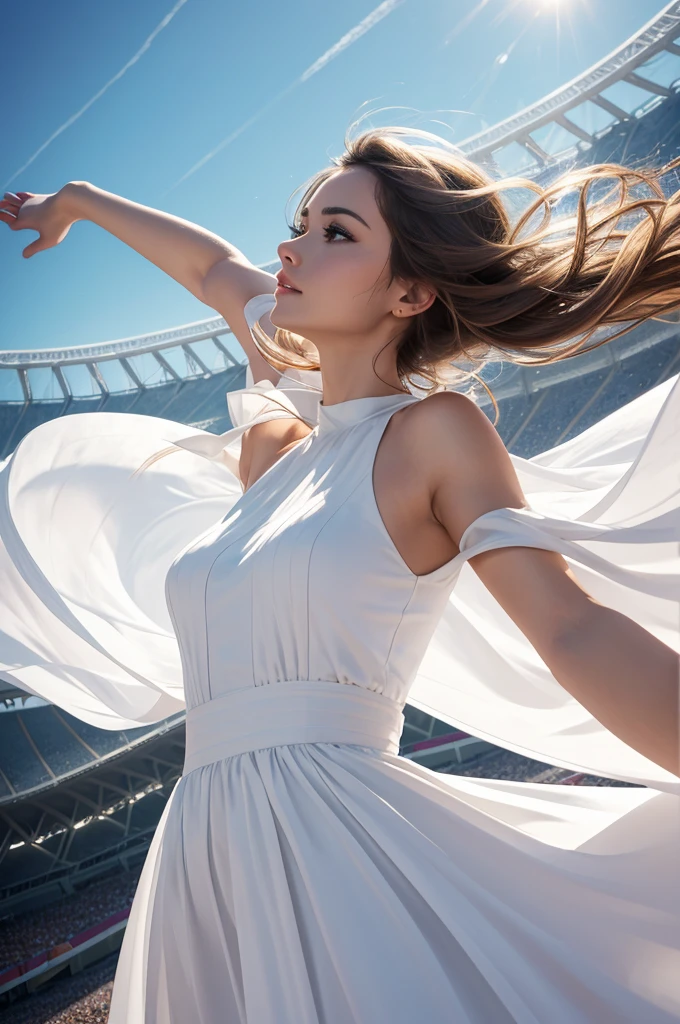 best quality, masterpiece, detailed,shiny,Real image of a beautiful woman in a long white dress with colored lines on the skirt, round neck, hair in the wind, hands in flight, looking up, in the great Olympic stadium, detailed edges