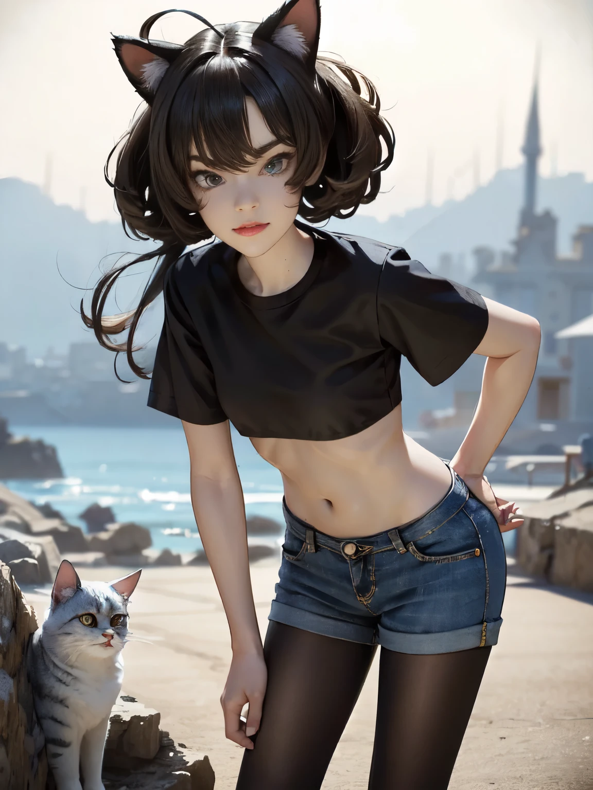 very young slim fit girl, full body shot, rounded face, very short disheveled dark blue hair, big yellow eyes, shy smile, perfect flat breast, band on head with fake cat ears, look at you, (ahoge:1.2), megane, sashagrey, a strand of hair from the bangs hangs between the eyes, accurate small snub nose, 16k, masterpiece, realistic style, perfect fingers, short denim microshorts with pantyhose