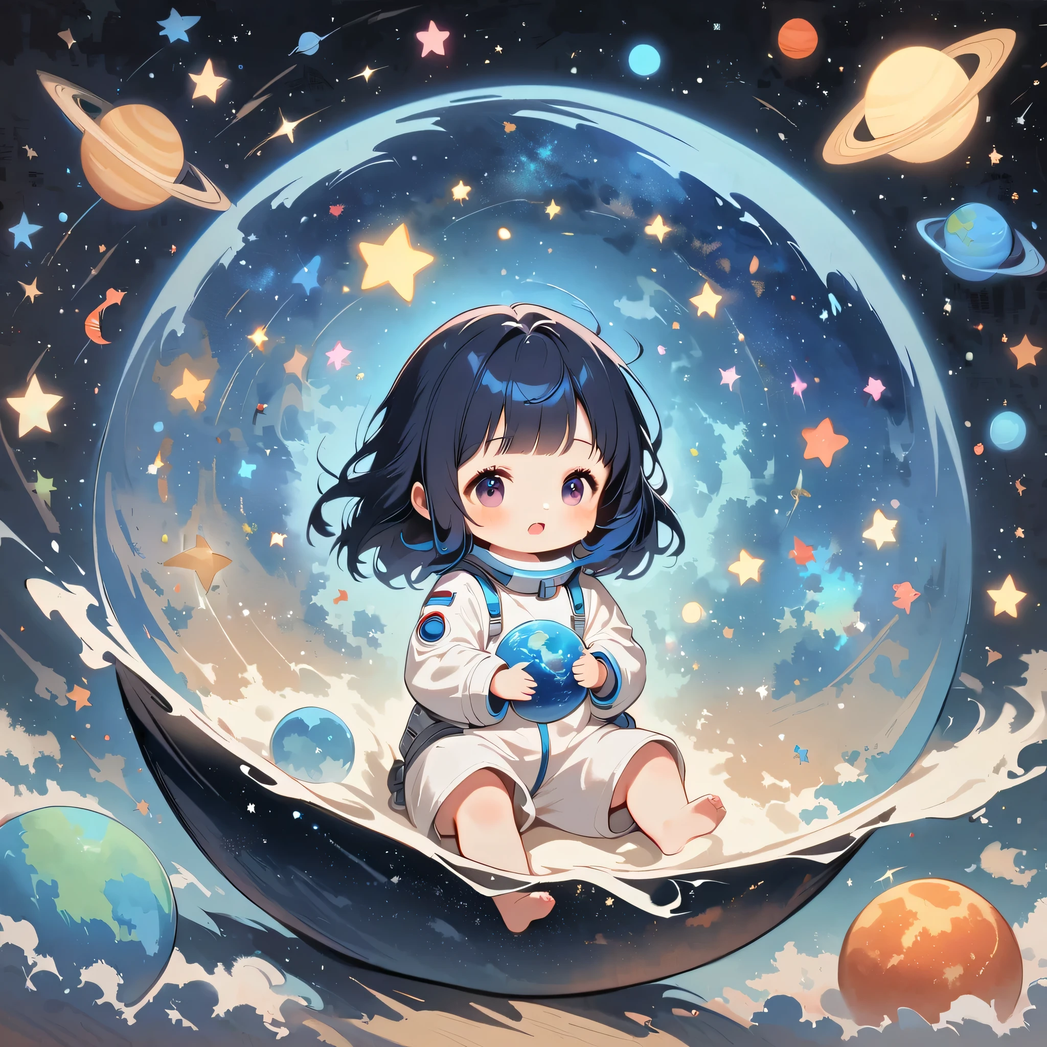 Baby Girl sit in spacesuit floating in space,blue hair, surrounded by the Milky Way, the universe , cutely.  กินขนม เจอเอเลี่ยน