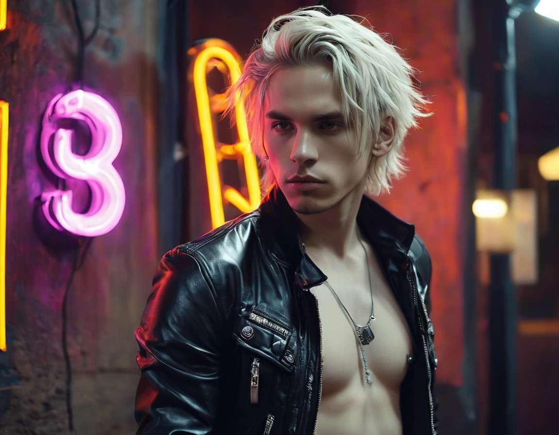 photorealistic, low lighting, Alone, Young man, 22 years, Pale skin, Model (skinny:1.3), (short layered platinum blonde hair:1.5), (black leather jacket:1.3), gothic punk clothing, incubus, sexy, (CNTX neon letters:1.4), strip club lighting, bdsm background