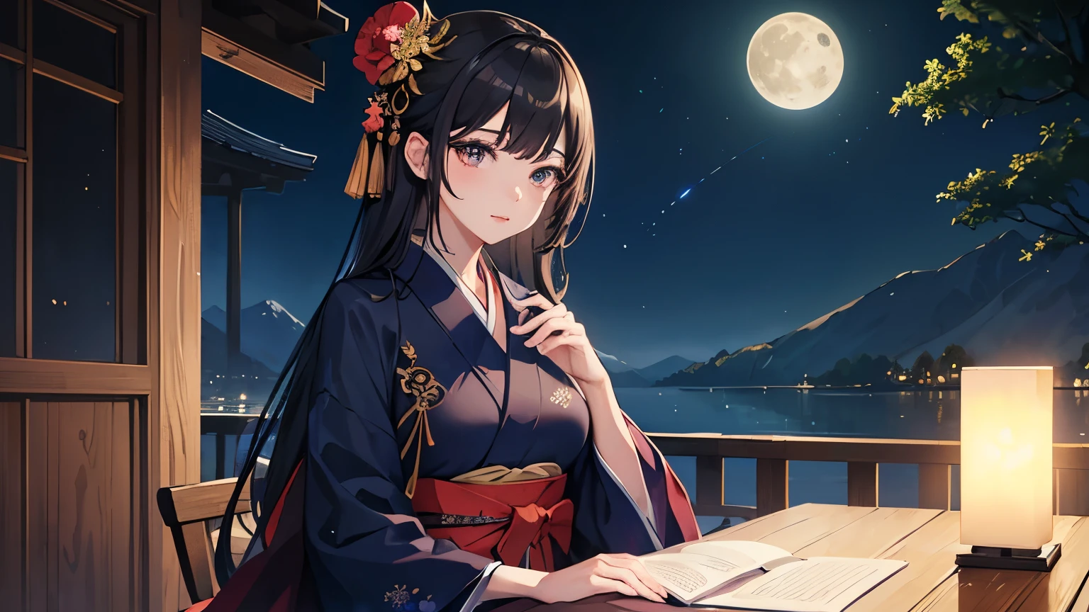 masterpiece,highest quality,((Super Detailed Woman1)),Super detailed face,Super detailed eye,yukata,Sitting,Night Sky,moon,Fantasy,Calm,nebula,Close-up,High resolution