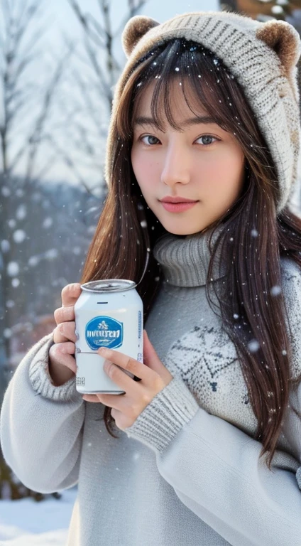 (masterpiece:1.35),(best-quality:1.4),8k,ultra-detailed,photography,(ultra-realistic:1.4), adult girl, long hair, sweater, snowing background, while holding a can of milk with the BEAR BRAND brand
