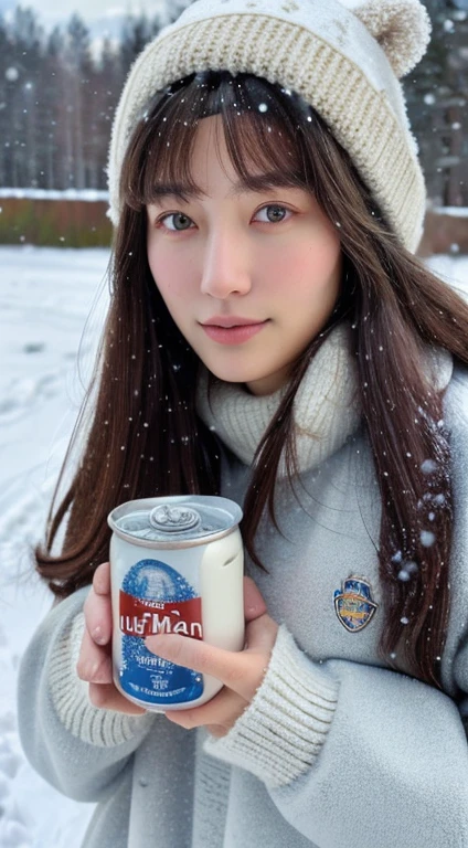 (masterpiece:1.35),(best-quality:1.4),8k,ultra-detailed,photography,(ultra-realistic:1.4), adult girl, long hair, sweater, snowing background, while holding a can of milk with the BEAR BRAND brand