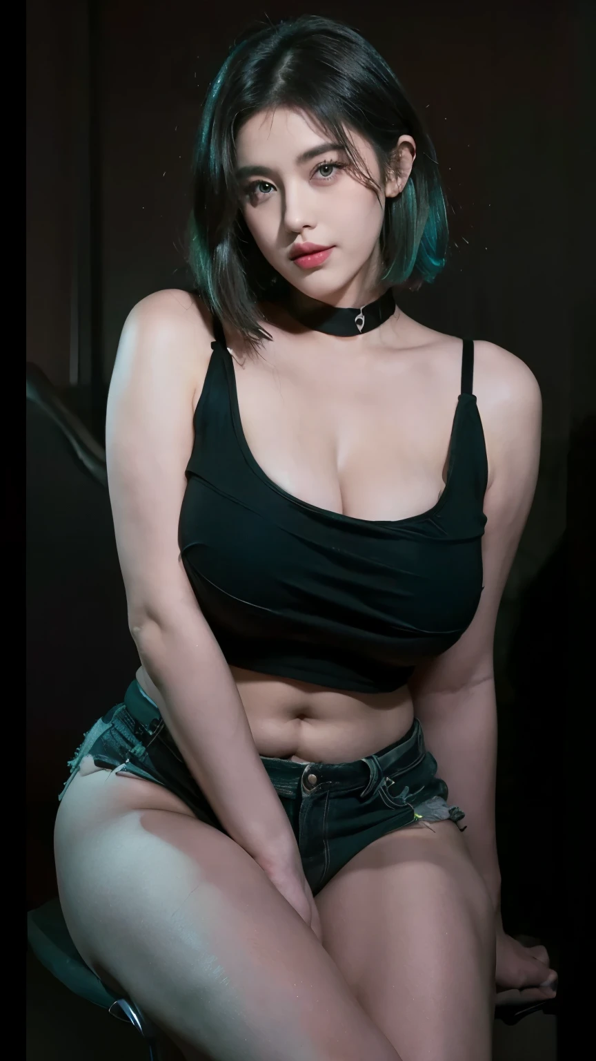 Fat Beauty, Cool beauty，Looks sweet, 20yo girl, Black gradation green hair, bob Hair. Plump body. (Wearing Only black oversized tube top up), show shoulders,full cleavage, natural big breast, show big thigh, plump body, chubby, smile sly. sitting on the bed. Dark background.