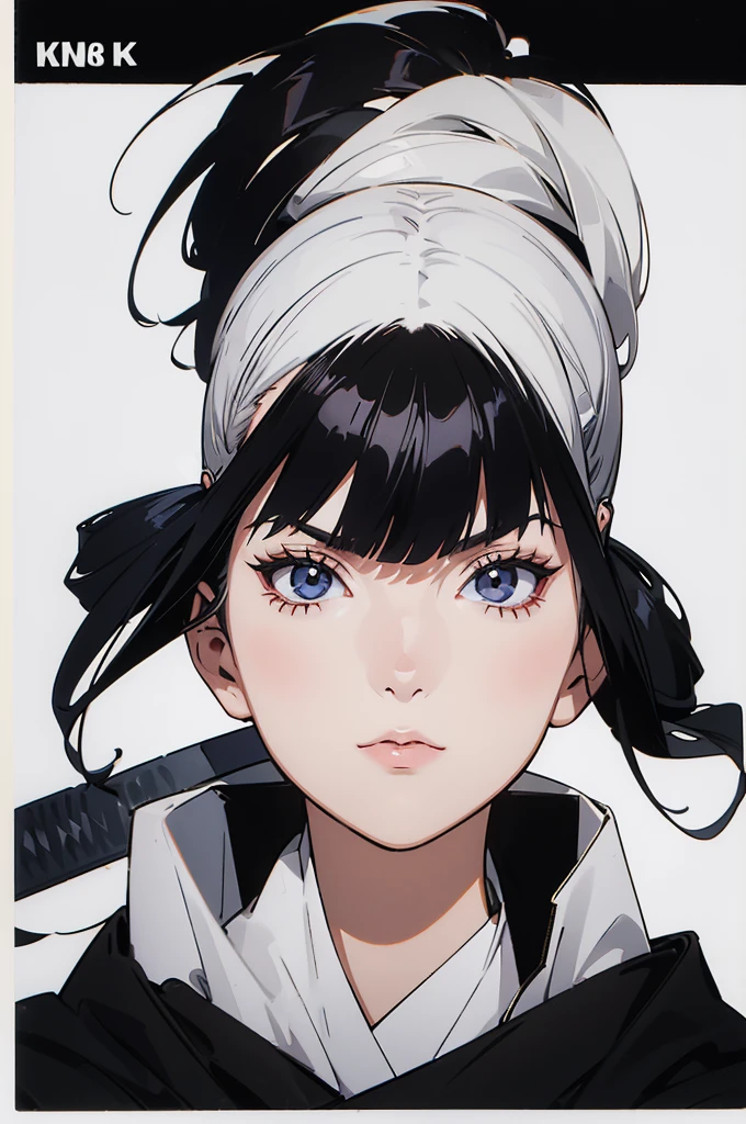 character design sheet, young woman in ninja outfit, black costume with ninja weapons, woman with short white hair, on parchment, HD, ((8k, 4K) Great quality, detailed character