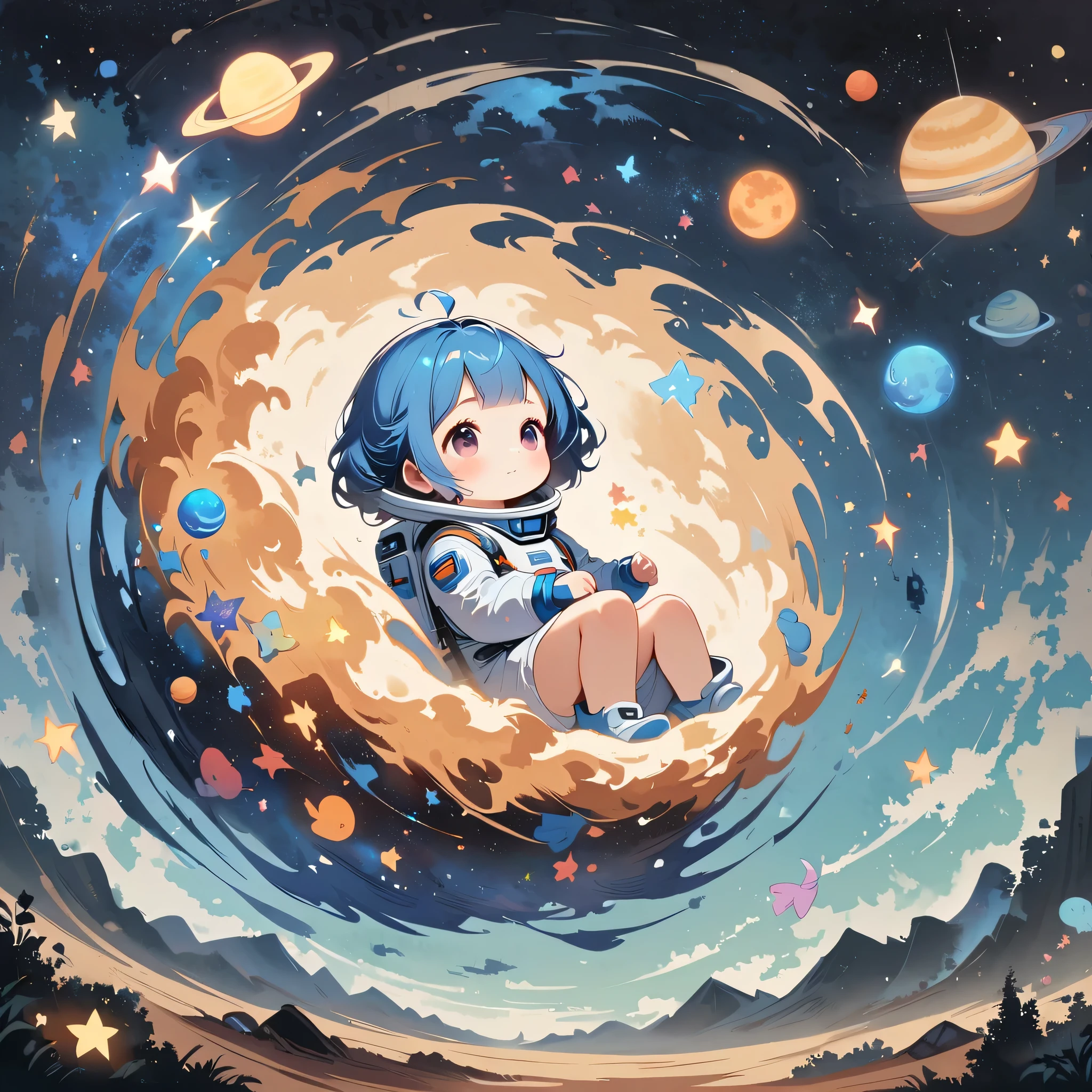 Baby Girl sit in spacesuit floating in space,blue hair, surrounded by the Milky Way, the universe , cutely.  กินขนม เจอเอเลี่ยน
