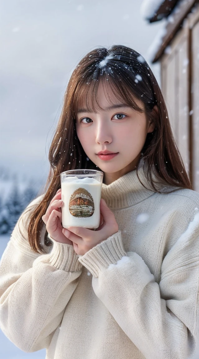 (masterpiece:1.35),(best-quality:1.4),8k,ultra-detailed,photography,(ultra-realistic:1.4), adult girl, long hair, sweater, snowing background, while holding BEAR BRAND milk