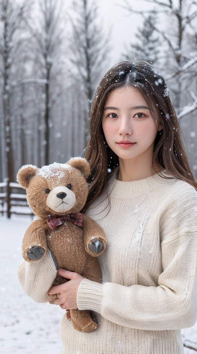 (masterpiece:1.35),(best-quality:1.4),8k,ultra-detailed,photography,(ultra-realistic:1.4), adult girl, long hair, sweater, snowing background, while holding BEAR BRAND milk