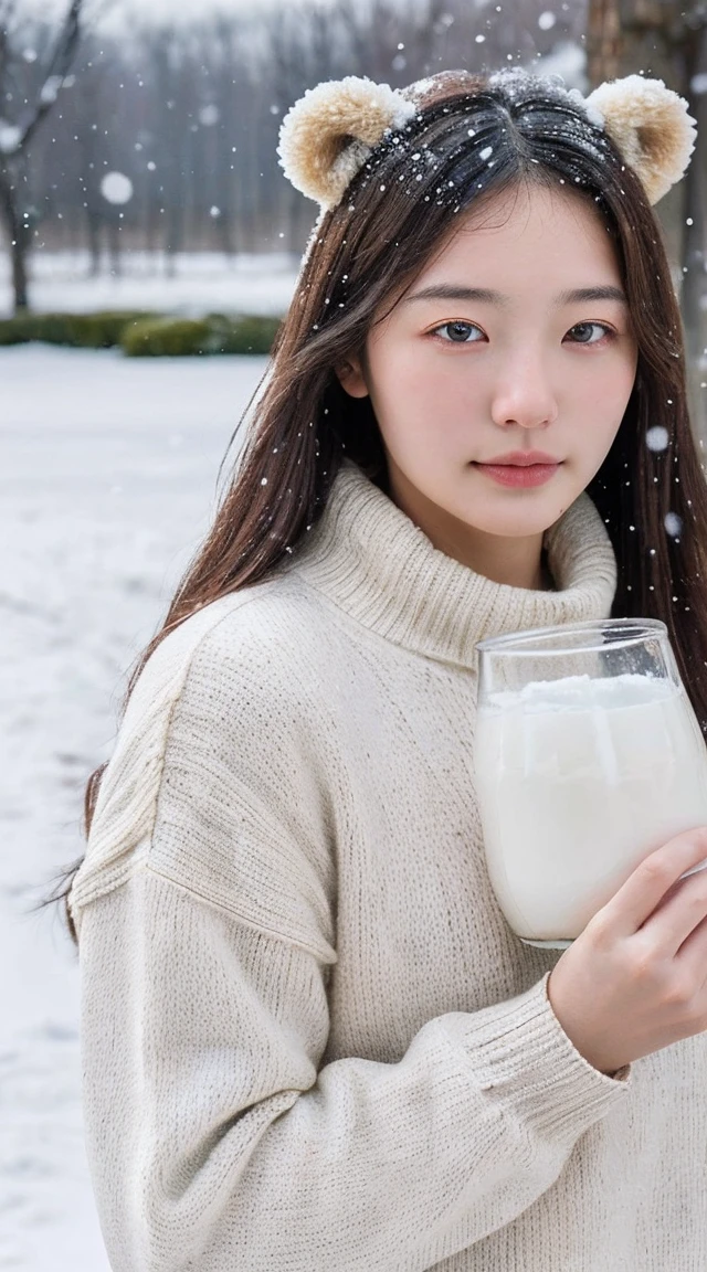 (masterpiece:1.35),(best-quality:1.4),8k,ultra-detailed,photography,(ultra-realistic:1.4), adult girl, long hair, sweater, snowing background, while holding BEAR BRAND milk