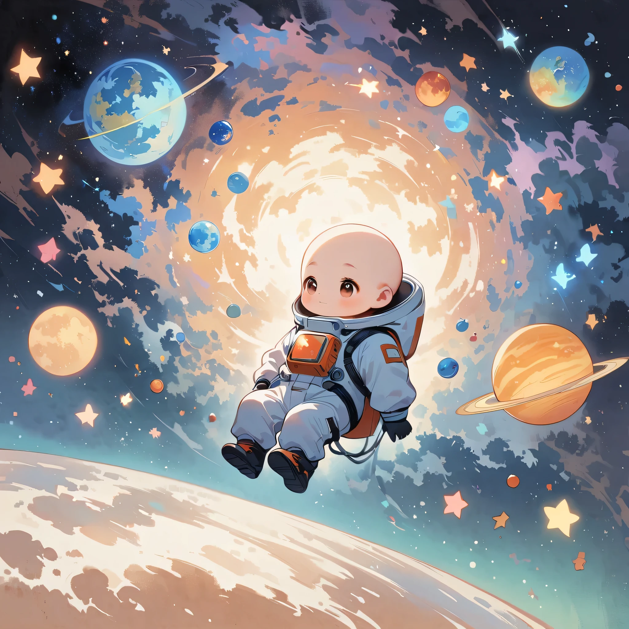 Boy sit in spacesuit floating in space,no hair, surrounded by the Milky Way, the universe , cutely.  กินขนม เจอเอเลี่ยน