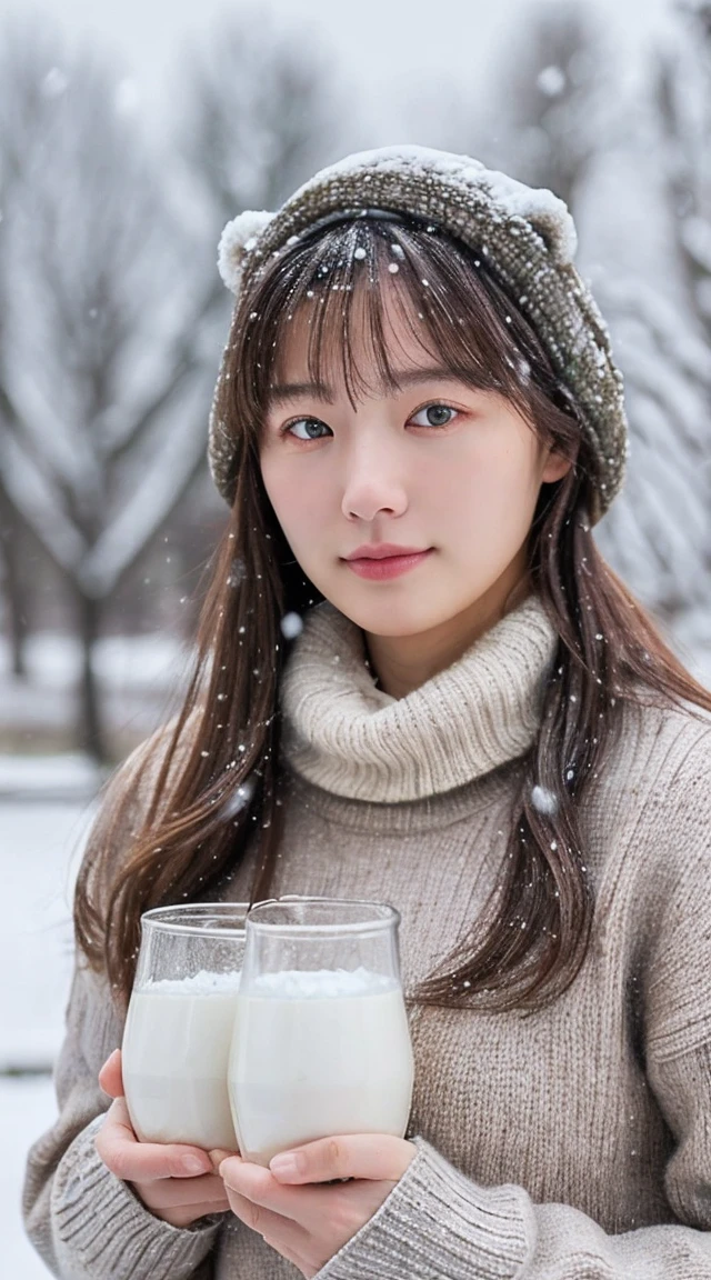 (masterpiece:1.35),(best-quality:1.4),8k,ultra-detailed,photography,(ultra-realistic:1.4), adult girl, long hair, sweater, snowing background, while holding BEAR BRAND milk