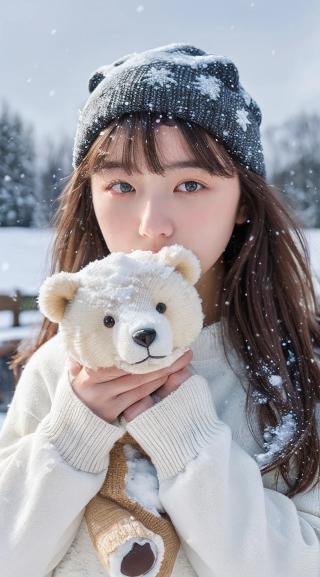 (masterpiece:1.35),(best-quality:1.4),8k,ultra-detailed,photography,(ultra-realistic:1.4), adult girl, long hair, sweater, snowing background, while holding BEAR BRAND milk